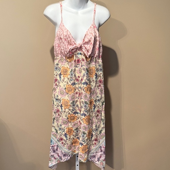 Hale Bob DESIGNER LINEN Pink and Yellow Floral Midi Dress with Bow - Picture 1 of 9